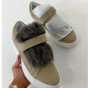 Moncler Taupe Fur-Trimmed Women's Sneakers